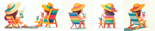 vector of a little girl sitting on a beach chair enjoying summer back view