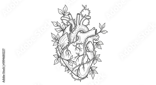 Detailed anatomical human heart with thorny vines and leaves