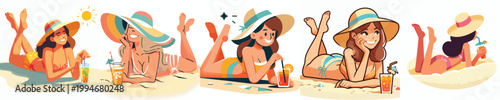 vector of a woman lying face down on the beach sand enjoying summer