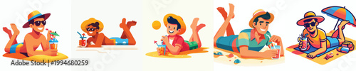 vector of a man lying face down on the beach sand enjoying summer