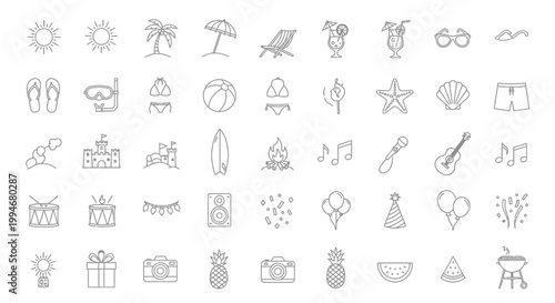 Collection of summer beach and party line art icons for travel and vacation design