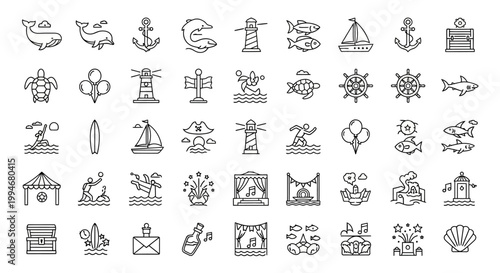 Large set of marine and nautical line icons for summer travel and ocean themes