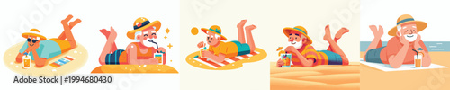 vector of a grandpa lying face down on the beach sand enjoying summer
