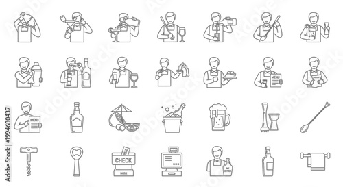 Set of professional bartender and cocktail service line icons