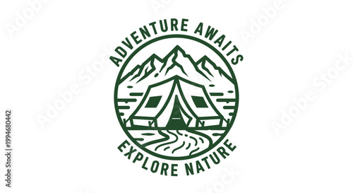 Green tent logo with mountains.