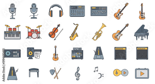 Collection of musical instrument and audio equipment vector icons