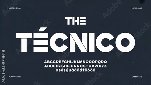 Typographic display of the tecnico font featuring large bold white letters on a dark navy blue background, with alphabet characters, and special accented, symbols shown below, the main text heading