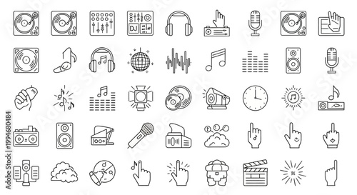 Set of DJ and music production line icons for nightclub and studio equipment.