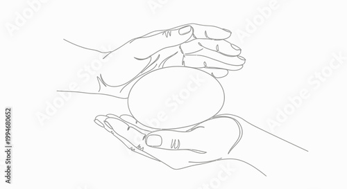 Human hands cradling an egg-shaped object, continuous line art