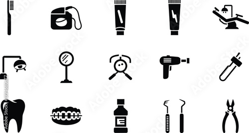 A collection of black and white icons representing various dental tools and oral hygiene products.