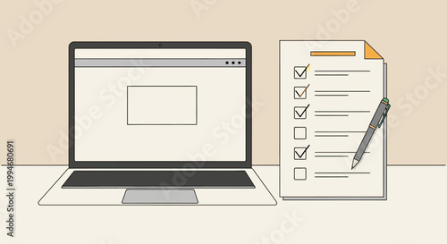 Laptop and checklist on desk.