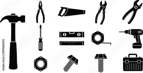 Collection of black hand tool icons including a hammer saw and drill for home improvement projects