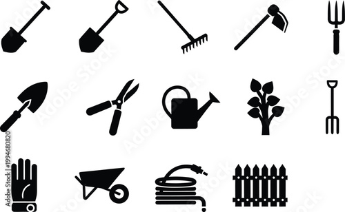 Set of various black silhouette gardening tool icons isolated on white background