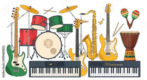 Assortment of musical instruments for a band performance.