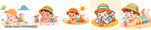 vector of a little boy lying face down on the beach sand enjoying summer