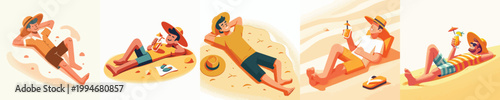 vector of a man lying on his back on the beach sand enjoying summer