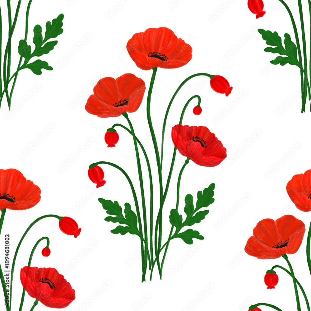 Naklejka premium red poppies seamless pattern for fabric textiles and wallpaper for home and decor