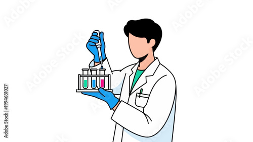 Scientist in lab coat performing chemistry experiment with test tubes