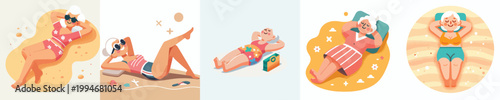 vector of a grandma lying on his back on the beach sand enjoying summer