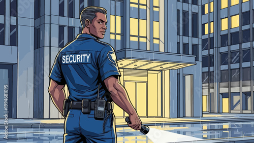 Security Guard with Flashlight on Rainy Night Patrol