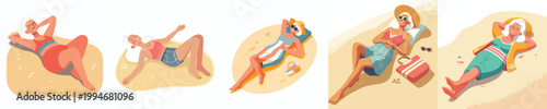 vector of a grandma lying on his back on the beach sand enjoying summer