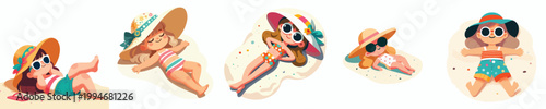 vector of a little girl lying on his back on the beach sand enjoying summer
