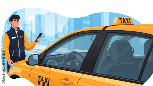 Taxi driver summoning ride with mobile app in city