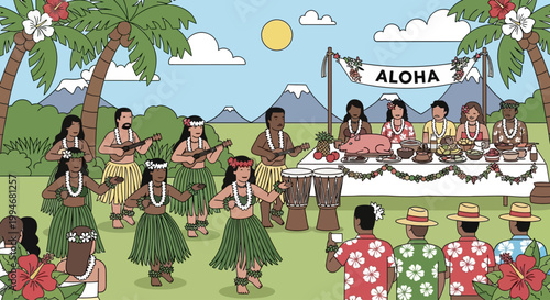 Hula dancers perform Kamehameha on a sunny day at a Hawaiian luau celebration