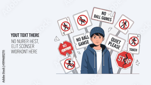 Teenager surrounded by prohibition signs