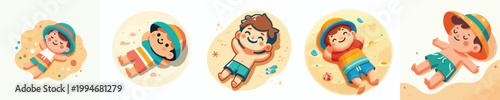 vector of a little boy lying on his back on the beach sand enjoying summer
