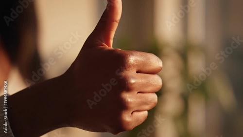 Human hand showing thumbs up gesture approval symbol positive feedback concept in natural light