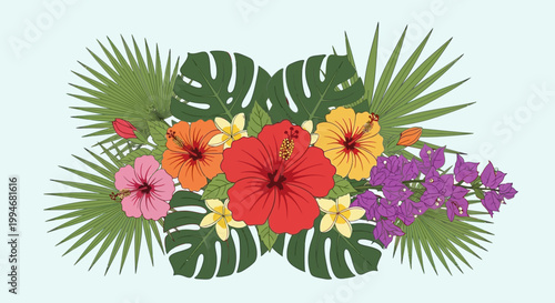 Vibrant tropical floral arrangement on a sunny day with Kamehameha flowers