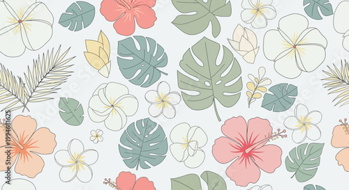 Vibrant floral pattern with Kamehameha wave on a sunny day featuring tropical leaves and flowers