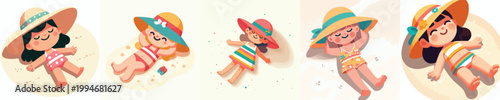 vector of a little girl lying on his back on the beach sand enjoying summer