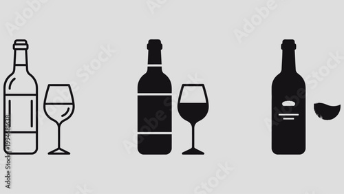 Wine icon. Wine bottle with glass vector graphic. Red wine symbol. Winery logo. Elegant alcohol drink indicator. Vine bar pictogram. Chardonnay, rose, burgundy concept.