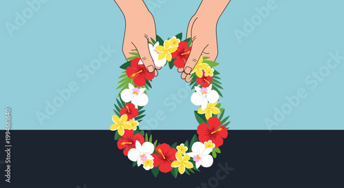 A person performs Kamehameha on a sunny day with floral garland in hands.