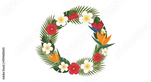Vibrant floral wreath made of flowers and leaves on a sunny day with Kamehameha spirit