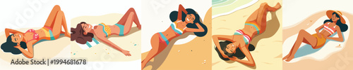 vector of a woman lying on his back on the beach sand enjoying summer