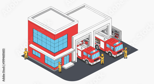 Illustration of a fire station with fire trucks and firefighters, symbolizing emergency services and safety