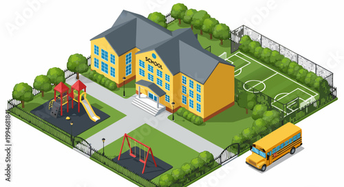An isometric view of a school building with a playground, sports field, and a school bus, representing education and community
