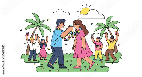 Couple performs Kamehameha on a sunny day with friends celebrating nearby