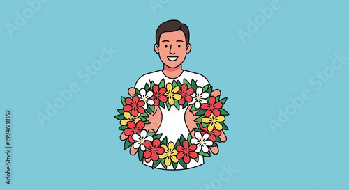 Man performs Kamehameha on a sunny day with a floral wreath around him
