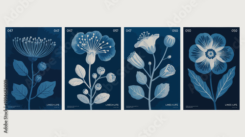 A series of cyanotype floral prints showcasing diverse botanical specimens in a deep blue vintage inspired aesthetic high quality professional detailed modern elegant stylish clean crisp