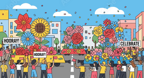 People celebrate with Kamehameha on a joyful day in a vibrant city