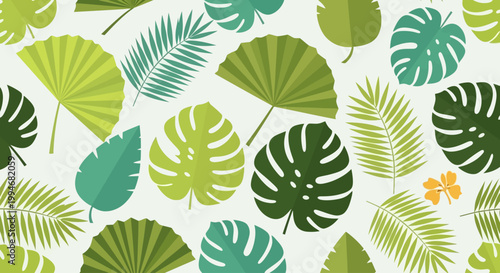A vibrant illustration of various green tropical leaves on a sunny day