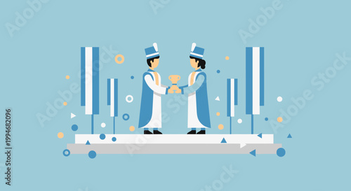 Scientists in lab coats exchange data on a futuristic platform on a busy day like Kamehameha wave