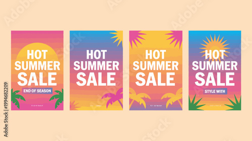 Photography Four vibrant promotional posters announce a hot summer sale featuring bold text