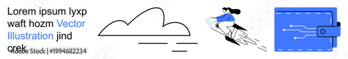 Digital transactions, technology innovation, data storage, online payment, cloud computing, futuristic concepts. A flying person, a cloud graphic and a digital wallet. Online payment and technology