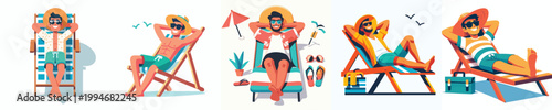 vector of a man lying on his back on a beach chair enjoying summer