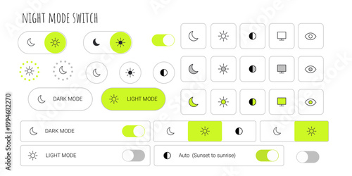 Y2k night mode switch and light mode ui interface elements set with icons and buttons